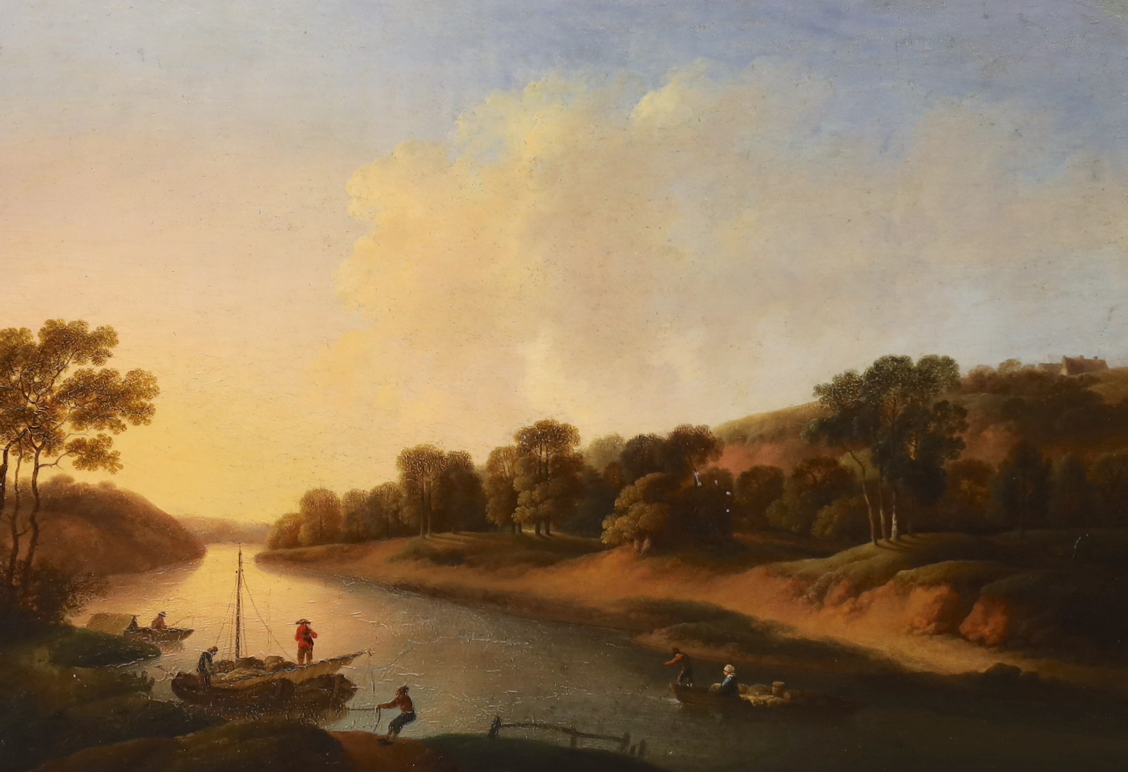 19th century English School, oil on panel, River landscape with figures and boats, 33 x 23cm
